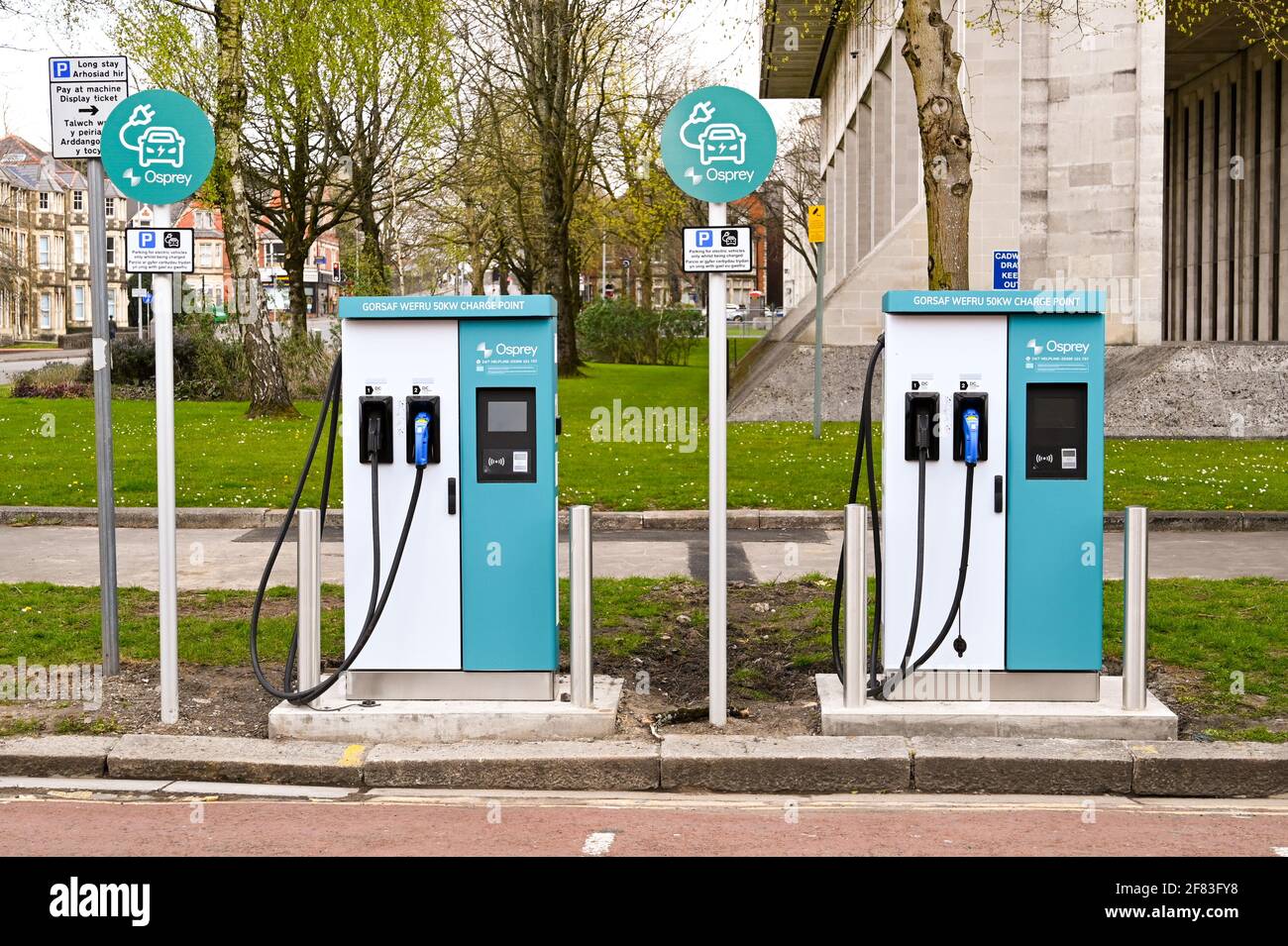 Cardiff, Wales April 2021 Two new electric vehicle charging points