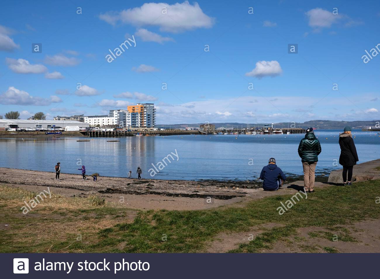 Granton harbour and Wardie Bay with a view over the Forth Estuary on a