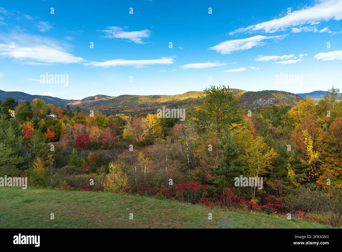 Mountain landscape covered with deciduous forests at the peak of fall foliage on a clear autumn day Stock Photo