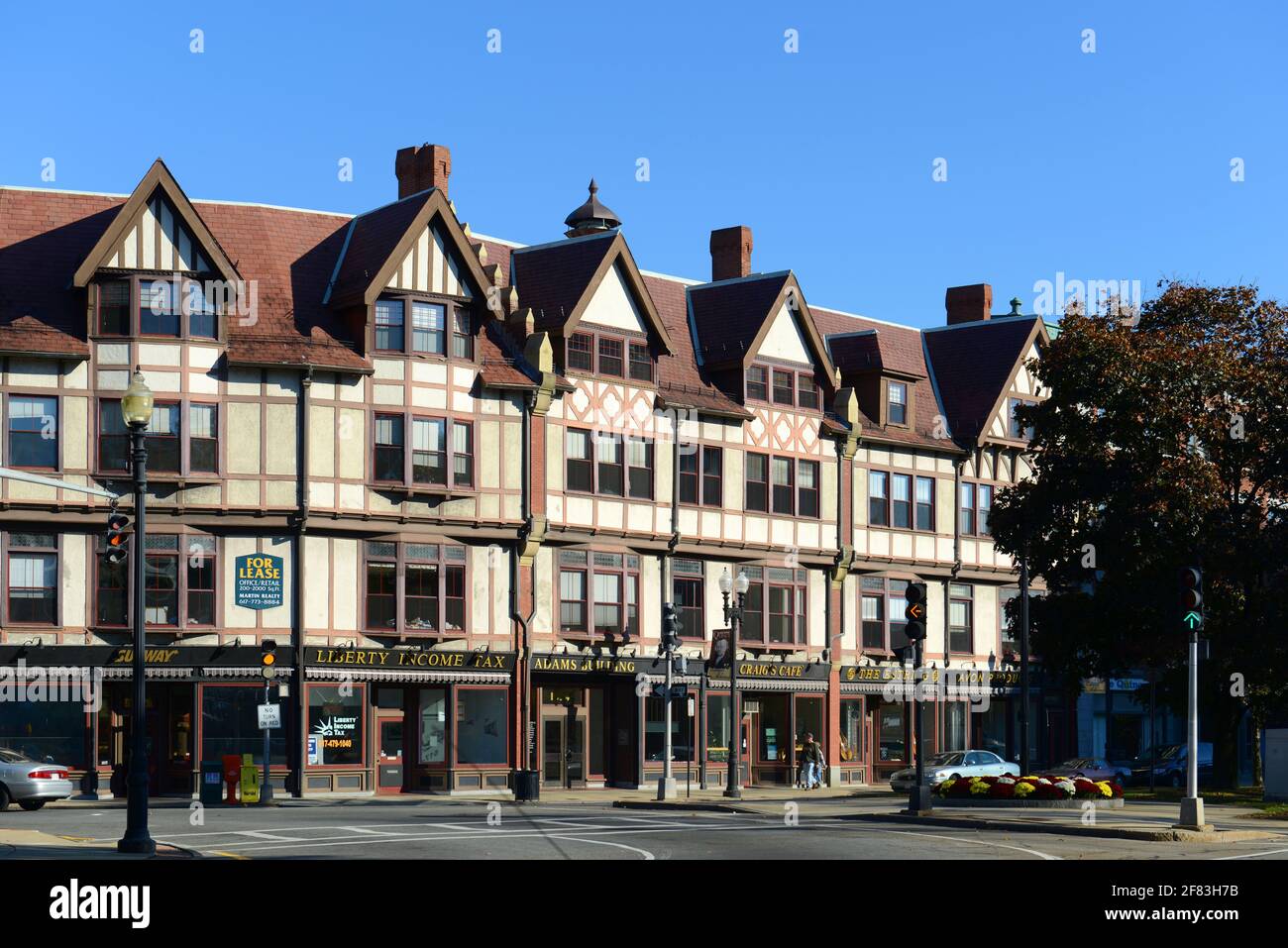 Adams Building, built in 1880, is a historical commercial building with Tudor Revival style at Hancock Street in downtown Quincy, Massachusetts MA, US Stock Photo