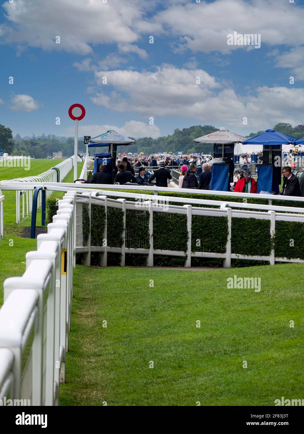 Bookmakers (bookies) alongside the winning post at Ascot Racecourse, with copy space Stock Photo
