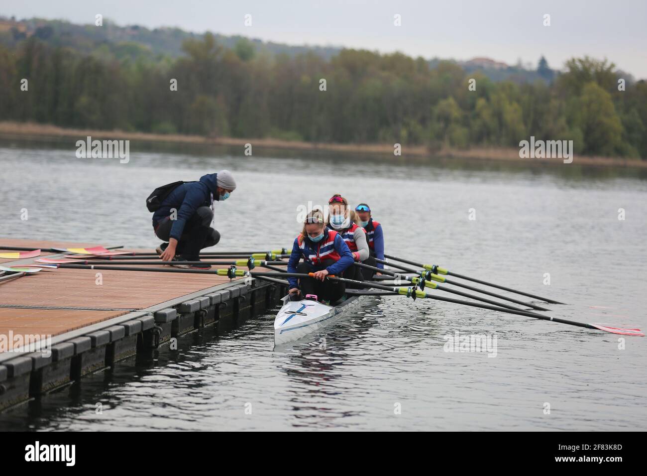 Varese, Italy. 10th Apr, 2021. Women Quadruple Scullers Siri Eva  Kristiansen, Inger Kavlie, Thea Helseth and Maia Lund of Norway training on  Day 2 at the European Rowing Championships in Lake Varese