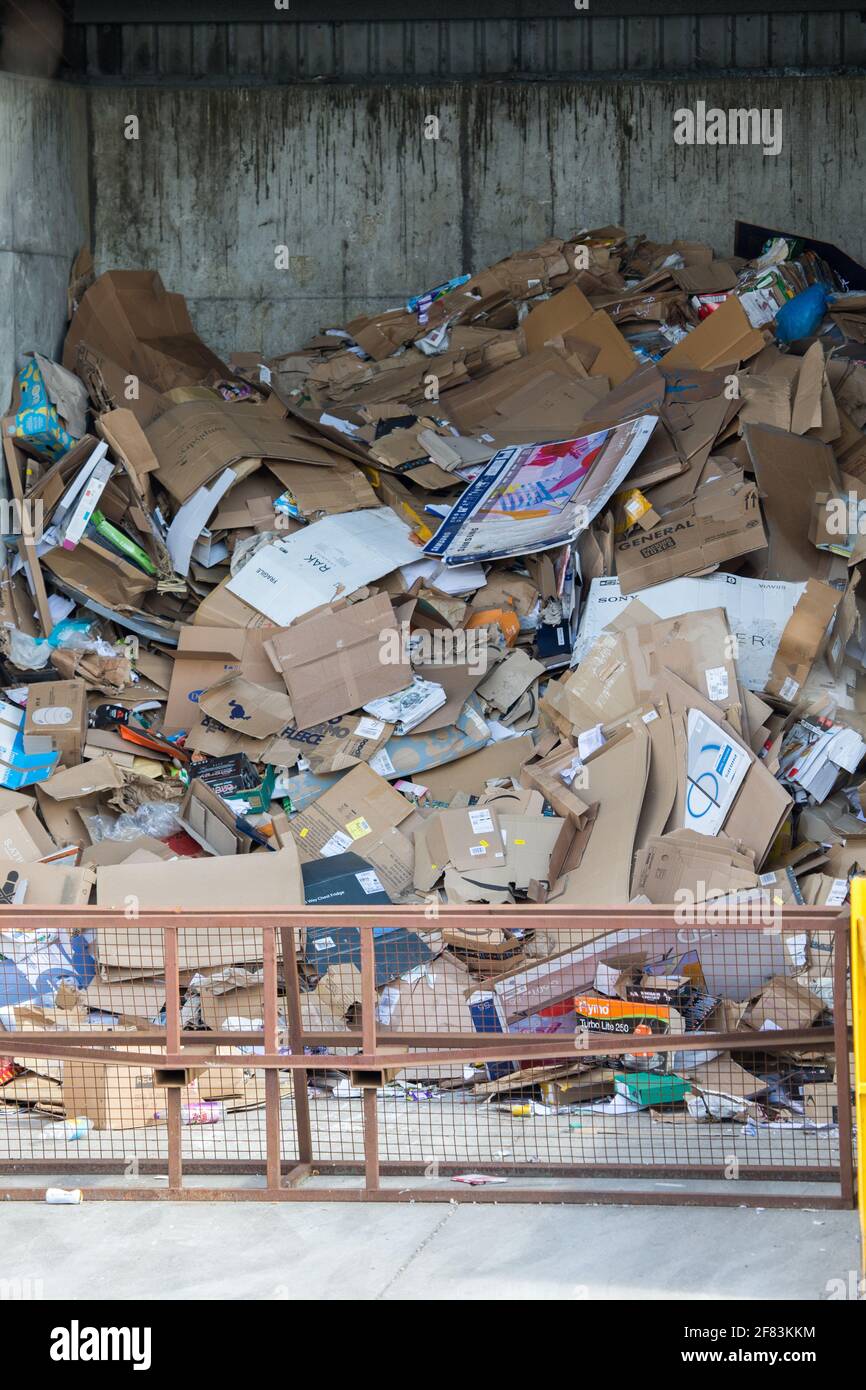 Old cardboard boxes and packaging at a recycling facility Stock Photo
