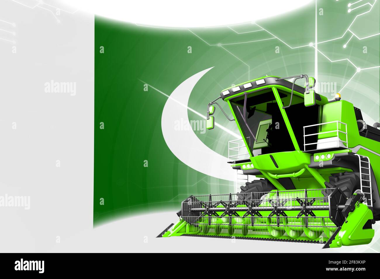 Digital industrial 3D illustration of green advanced rural combine