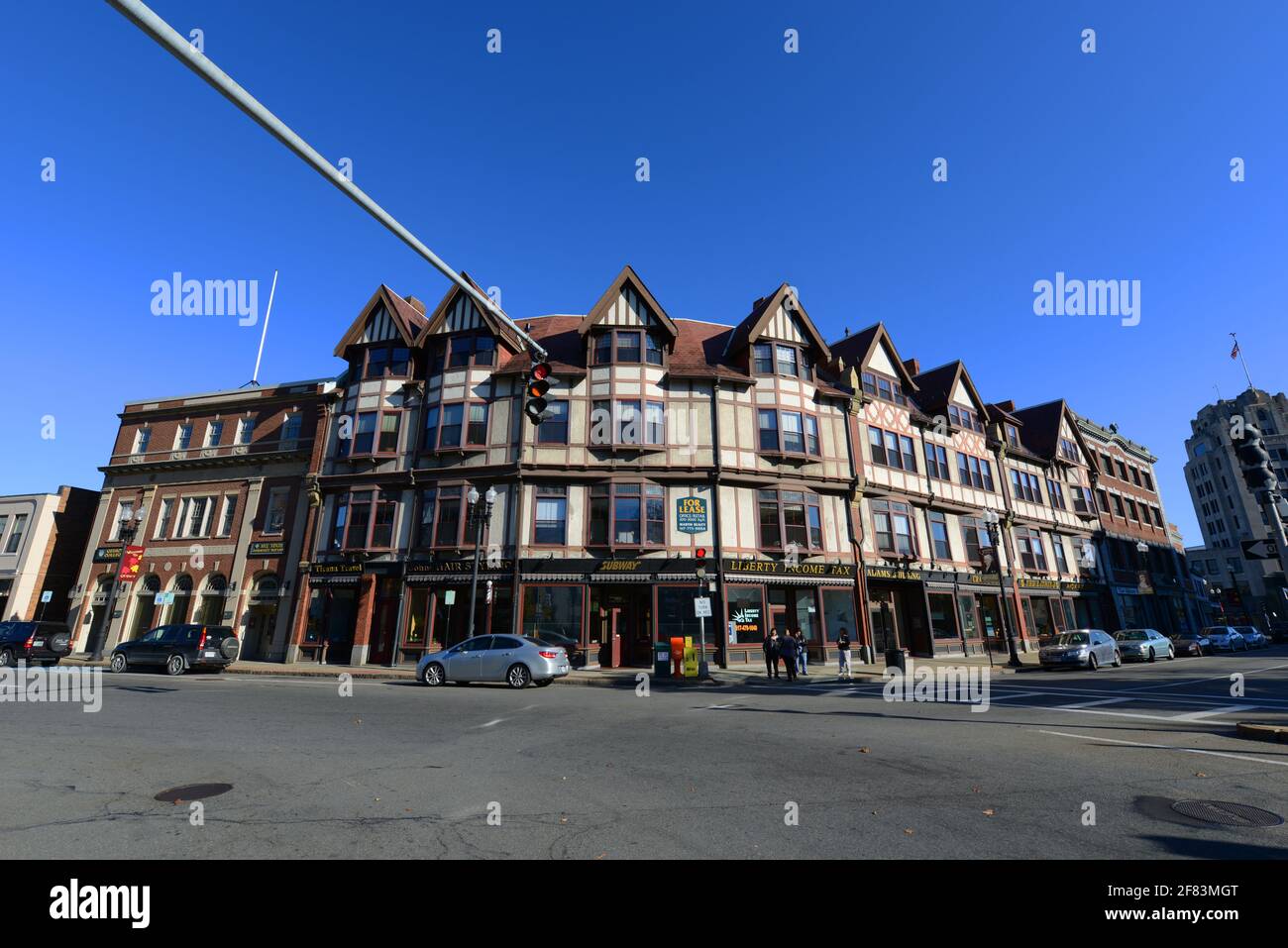 Adams Building, built in 1880, is a historical commercial building with Tudor Revival style at Hancock Street in downtown Quincy, Massachusetts MA, US Stock Photo