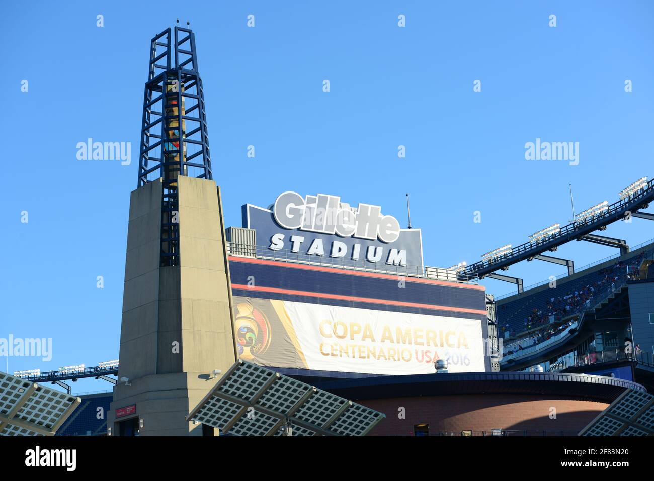 Gillette Stadium entrance sign, Foxborough, Greater Boston Area, Massachusetts MA, USA. Stock Photo