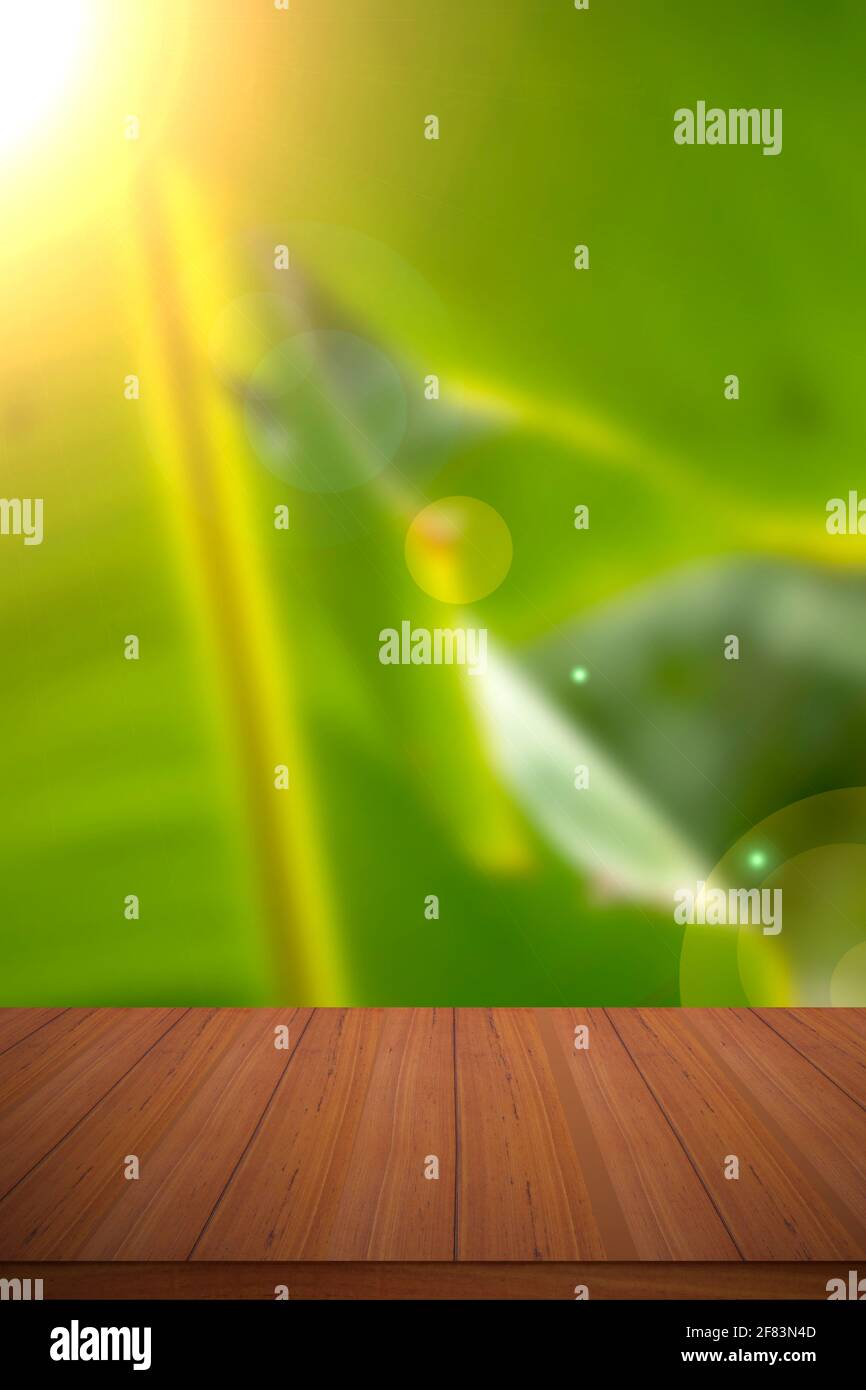 Empty wood table and defocused bokeh blur background with sunlight. Stock Photo