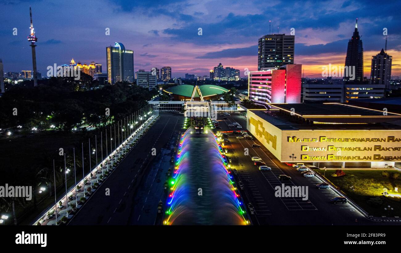 Aerial drone view of the Indonesia Parliament Complex, which is also ...