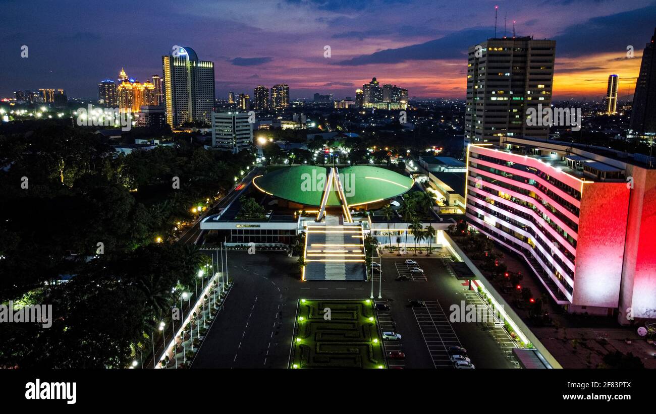 Aerial drone view of the Indonesia Parliament Complex, which is also ...