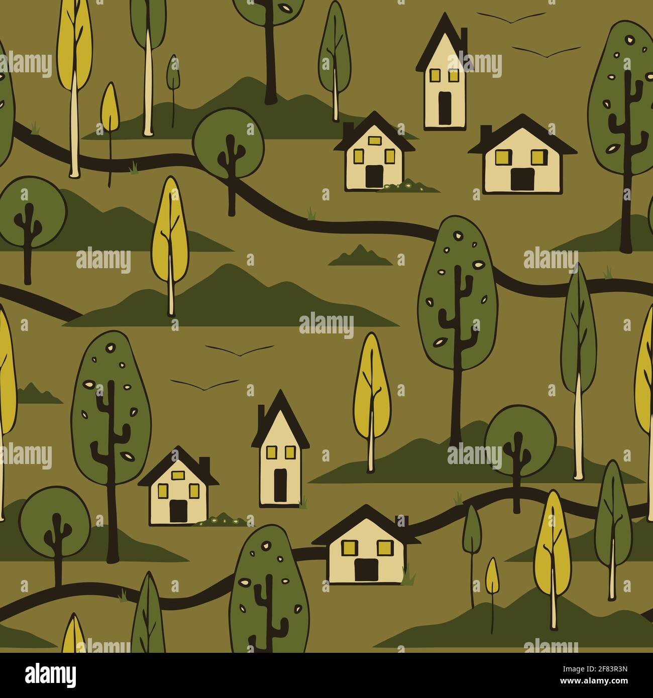 Seamless vector pattern with country home landscape on brown background. Happy home wallpaper design. Decorative rural forest fashion textile. Stock Vector