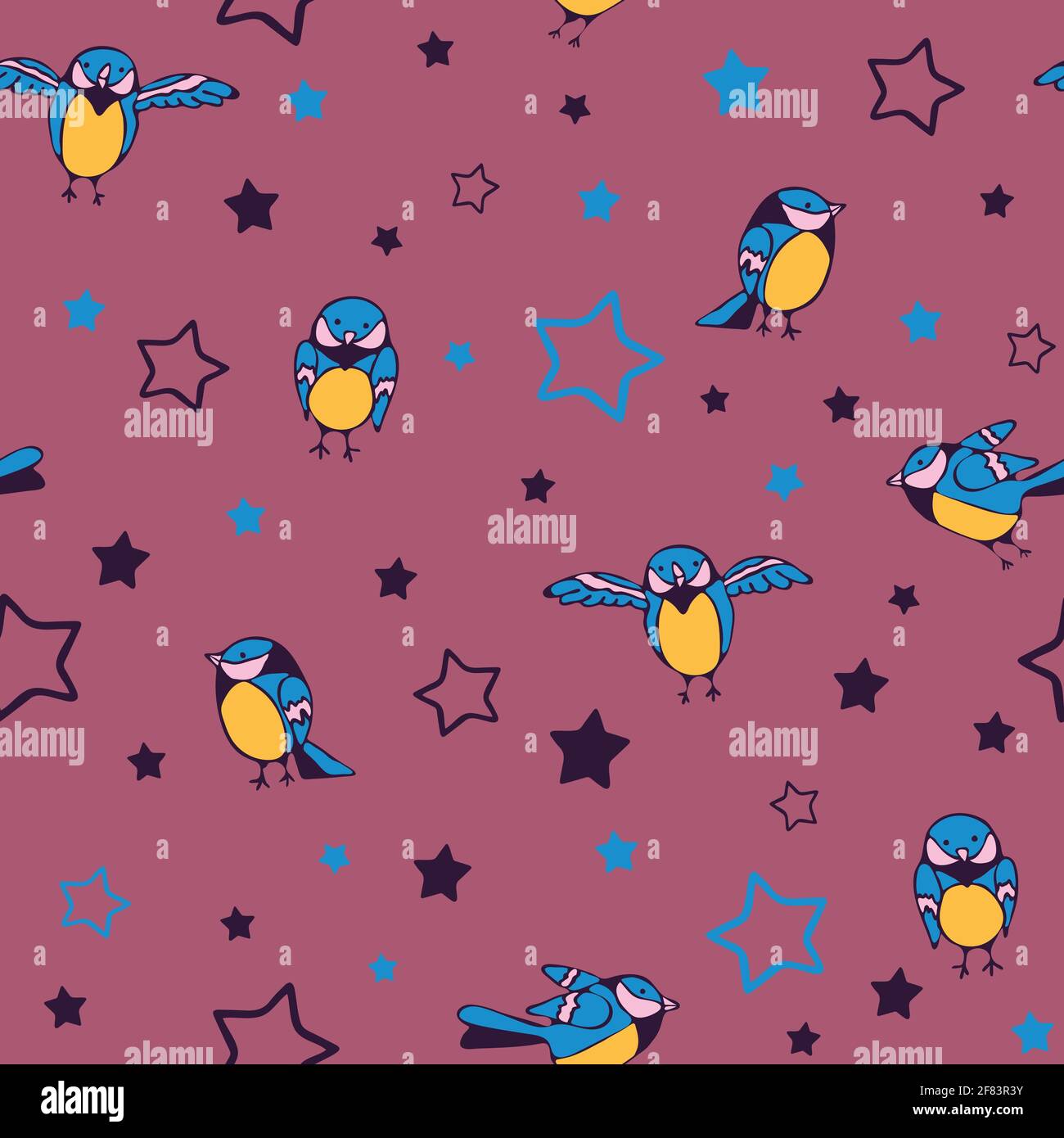 Seamless vector pattern with birds and stars on purple background. Cute sparrow wallpaper design for children. Animal fashion textile. Stock Vector