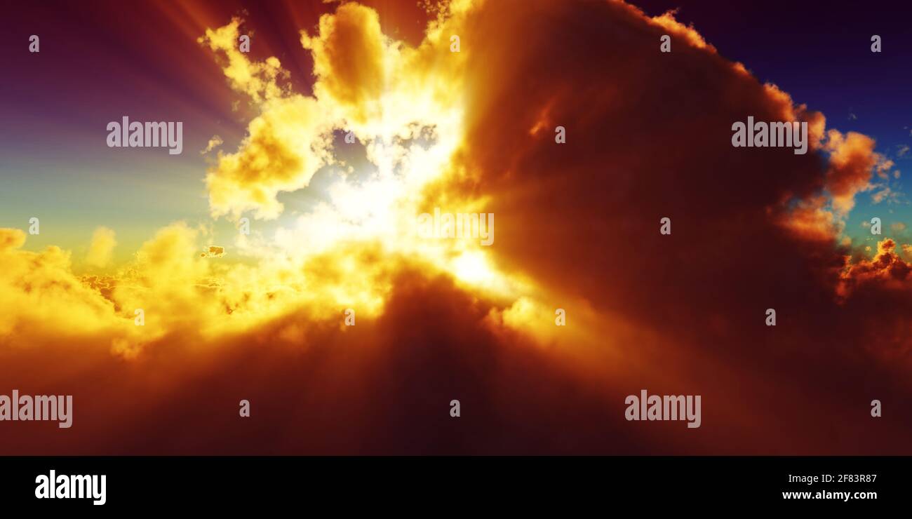Sun Rays Render above clouds sun ray sunset. 3d render illustration Stock Photo - Alamy