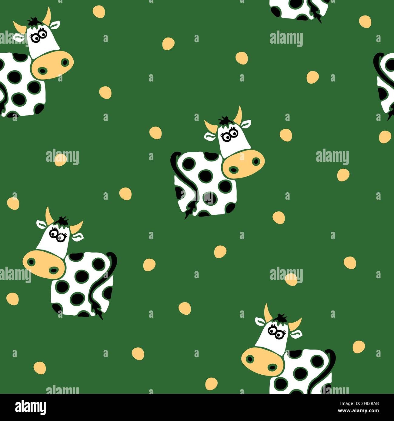 Seamless vector pattern with cow on green background. Simple animal wallpaper design. Hand drawn meadow fashion textile. Stock Vector