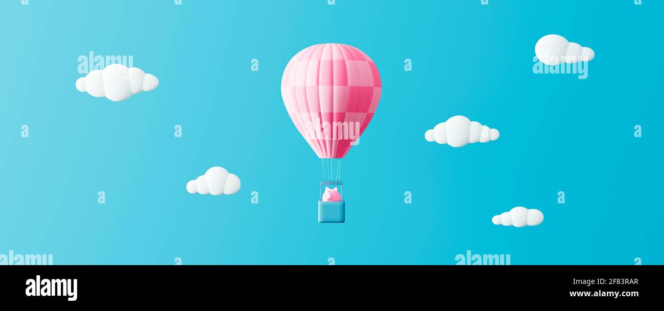 Piggy bank in hot air balloon on blue sky, Savings Protection Concept 3d render 3d illustration Stock Photo