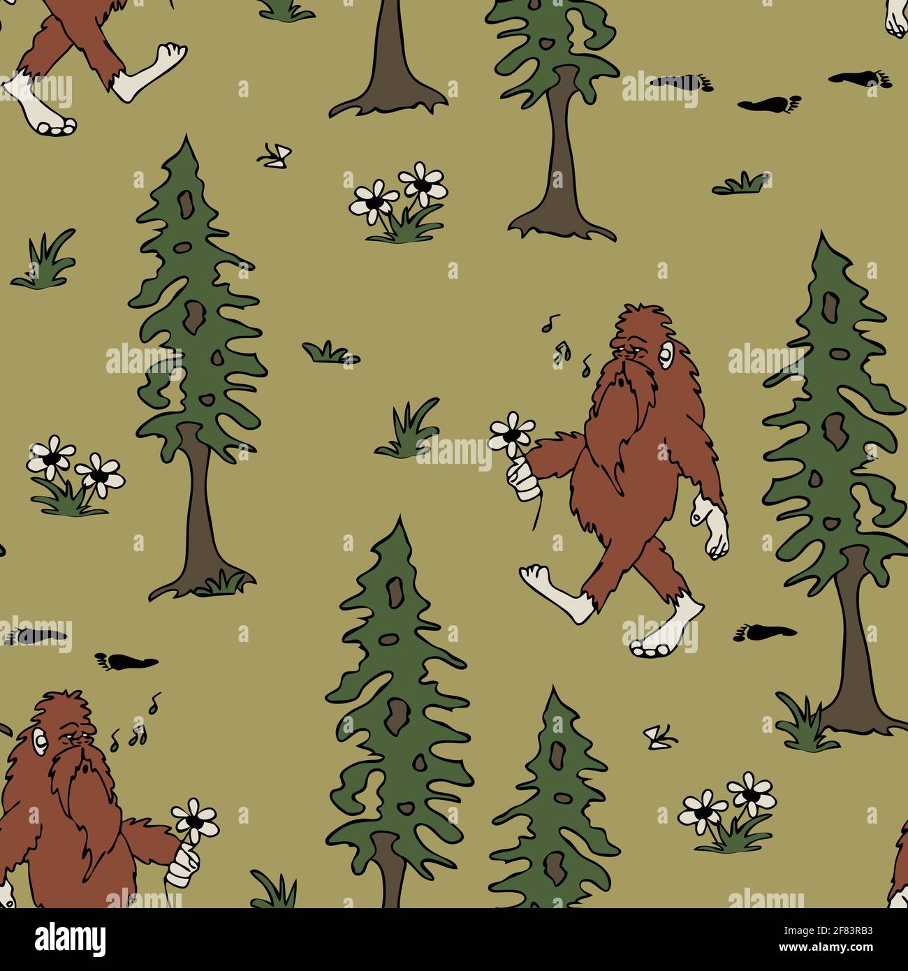 Seamless vector pattern with happy Bigfoot on green background. Cartoon animal forest wallpaper design. Legendary monster fashion textile. Stock Vector