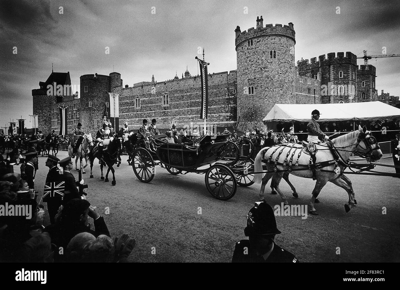Lech Walesa President of Poland arriving with the Queen at Windor Castle in the horse-driven State Landau for the first official visit of a President of Poland Stock Photo