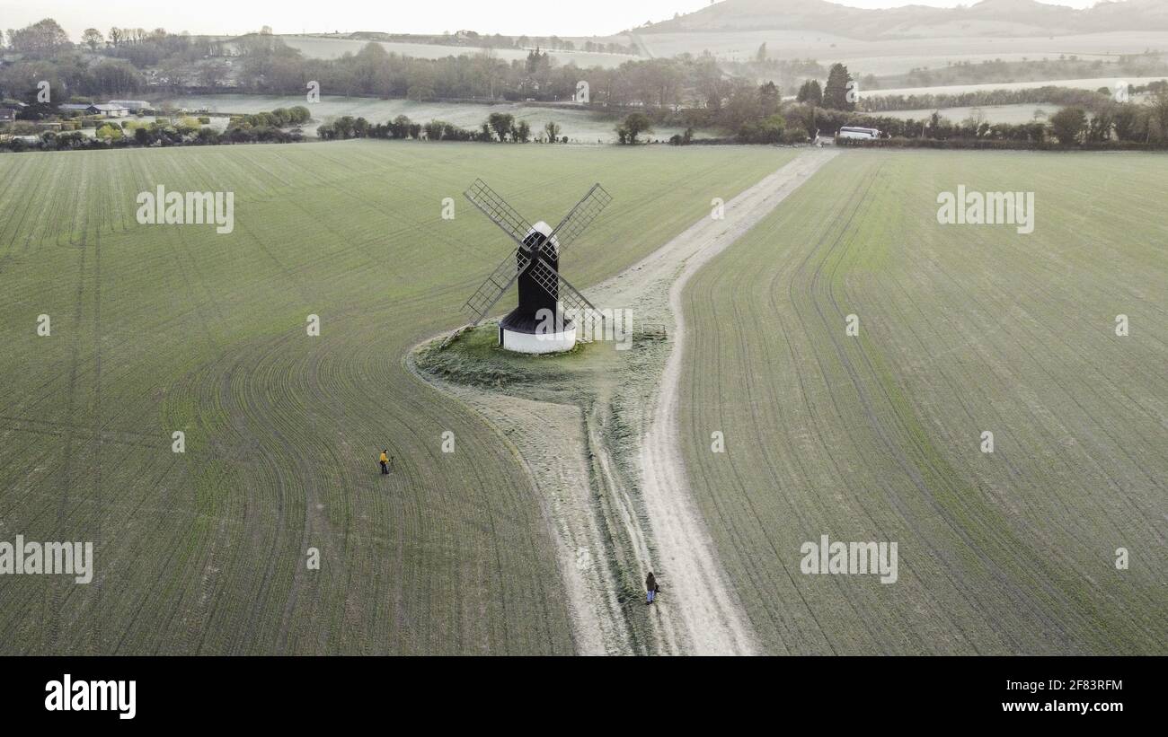 PITSTONE, UNITED KINGDOM - Apr 04, 2021: An aerial view of Pitstone Windmill, Bedfordshire Stock Photo