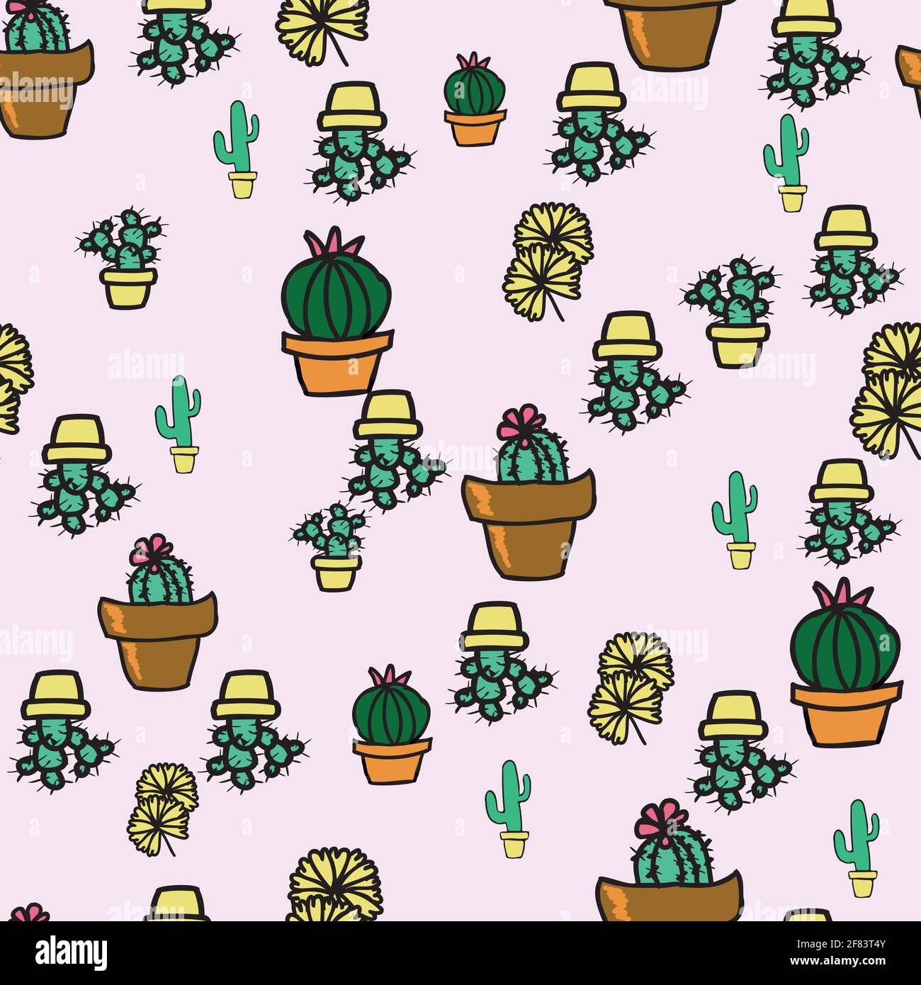 Vector pink background cactus plant in pot, succulents seamless pattern ...