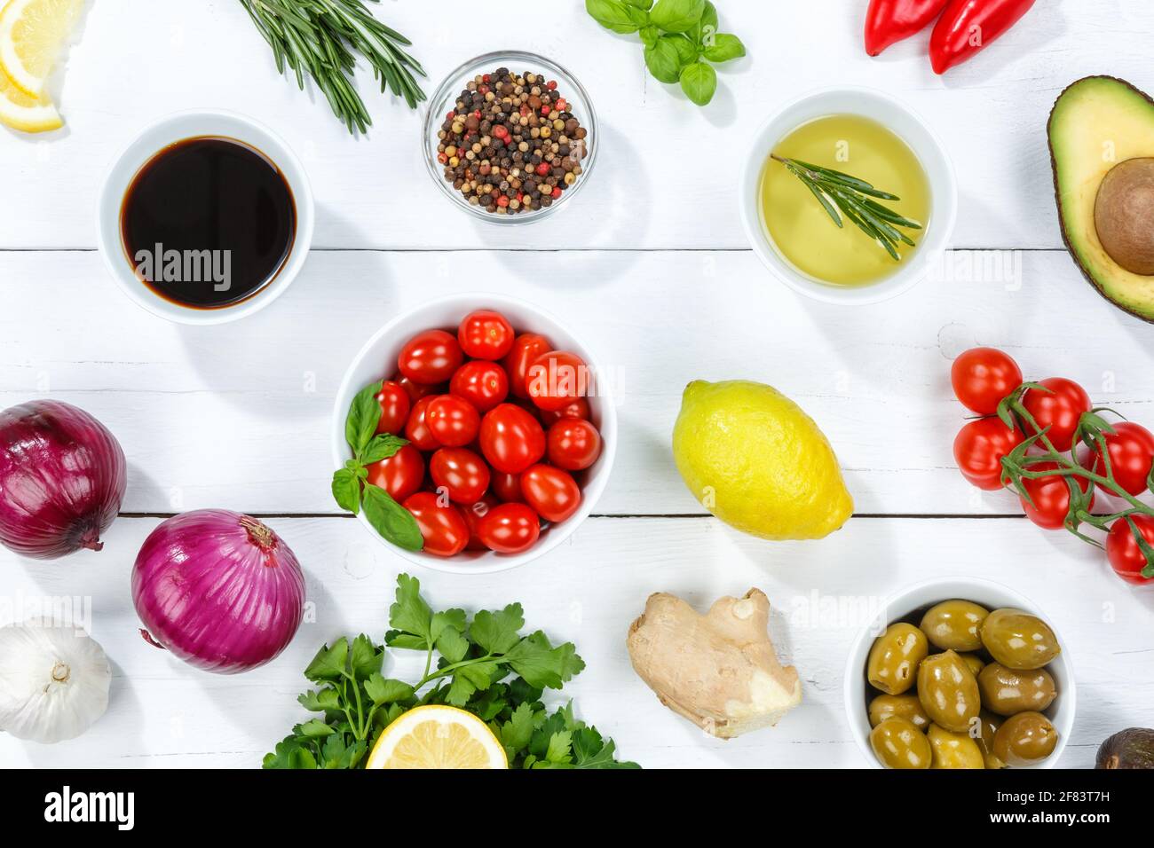 Healthy vegan food background clean eating vegetarian organic on a wooden board Stock Photo