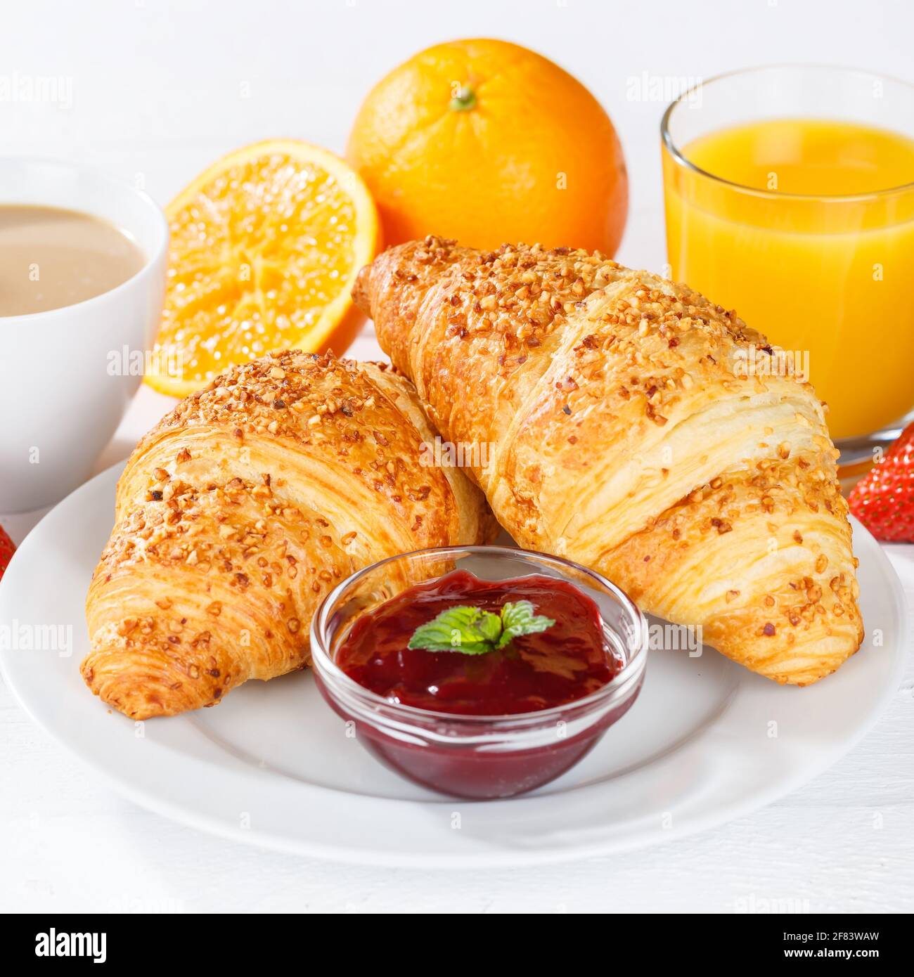 Croissant breakfast croissants orange juice coffee food hotel buffet jam square marmelade Stock Photo