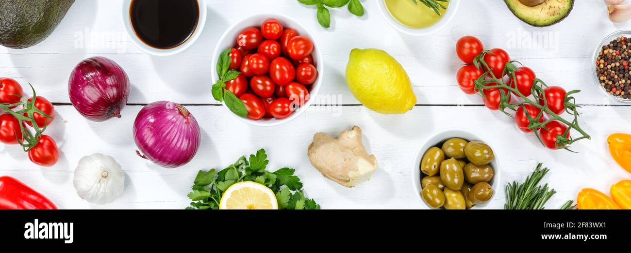 Healthy vegan food background clean eating vegetarian organic on a wooden board banner Stock Photo