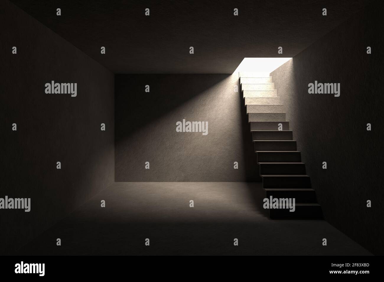 Depression concept: a dark scary concrete cellar only illuminated by the small opening on top of the stairs leading down. Selective focus on back wall Stock Photo