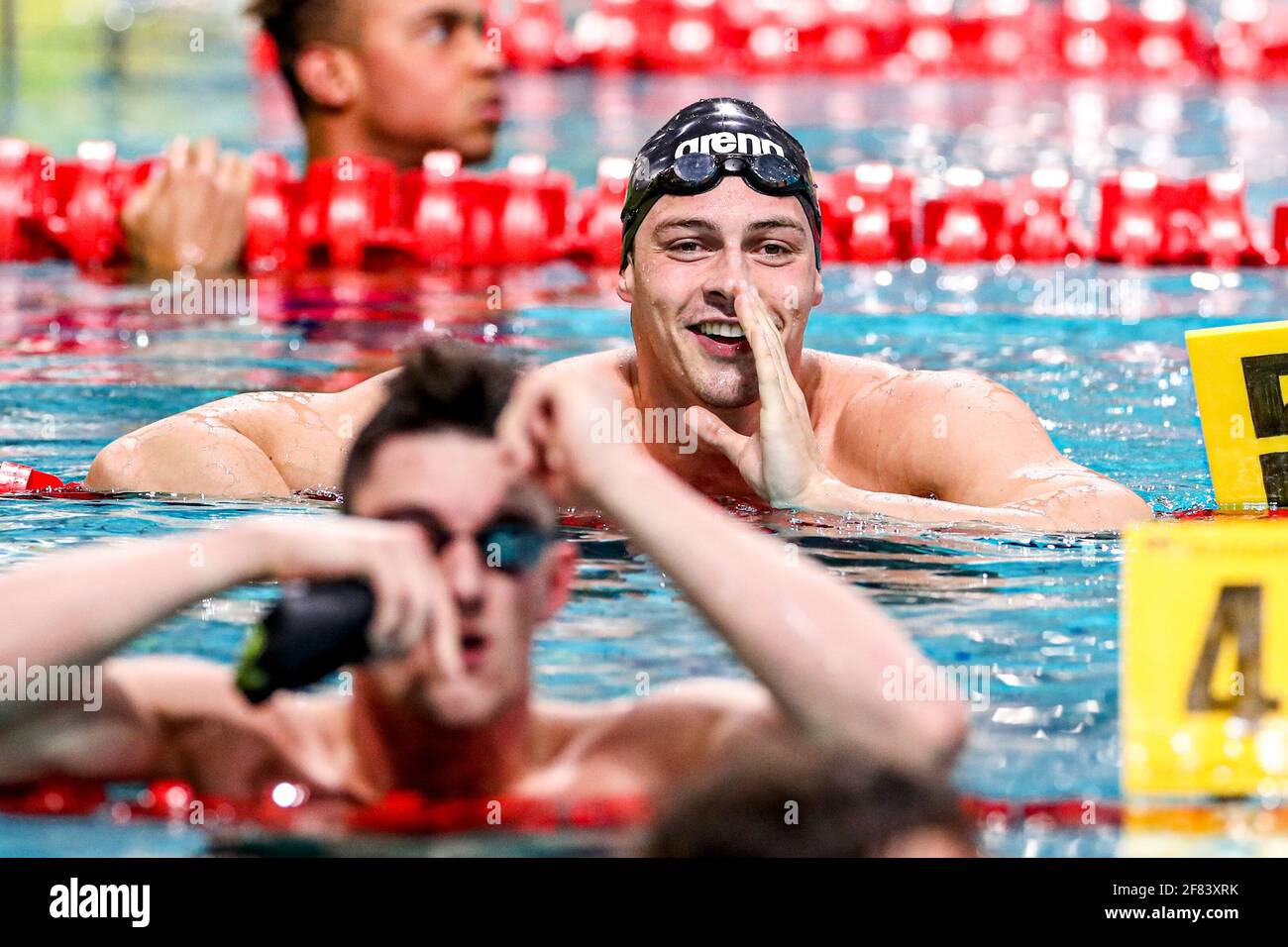 EINDHOVEN, NETHERLANDS - APRIL 11: Jesse Puts competing in the Men 50m Butterfly Finals during the Eindhoven Qualification Meet at Pieter van den Hoogenband zwemstadion on April 11, 2021 in Eindhoven, Netherlands (Photo by Marcel ter Bals/Orange Pictures) Stock Photo