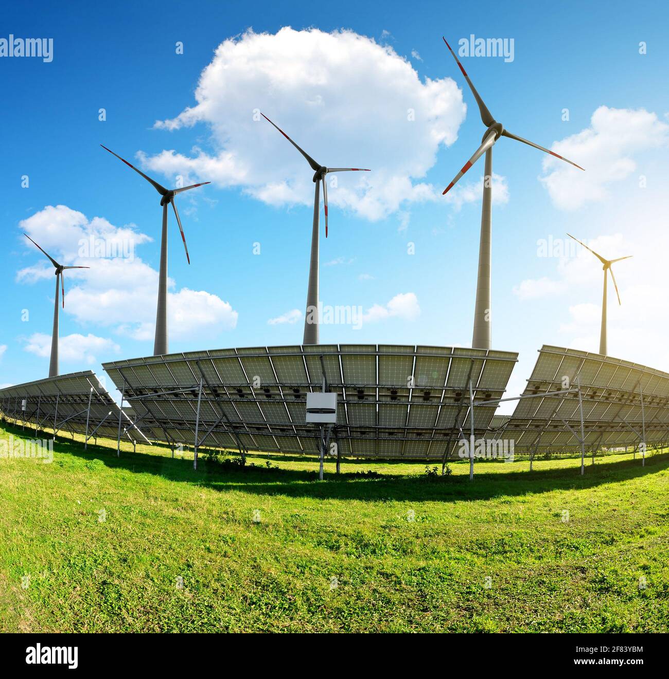 Solar panels with wind turbines. Power plant using renewable energy ...