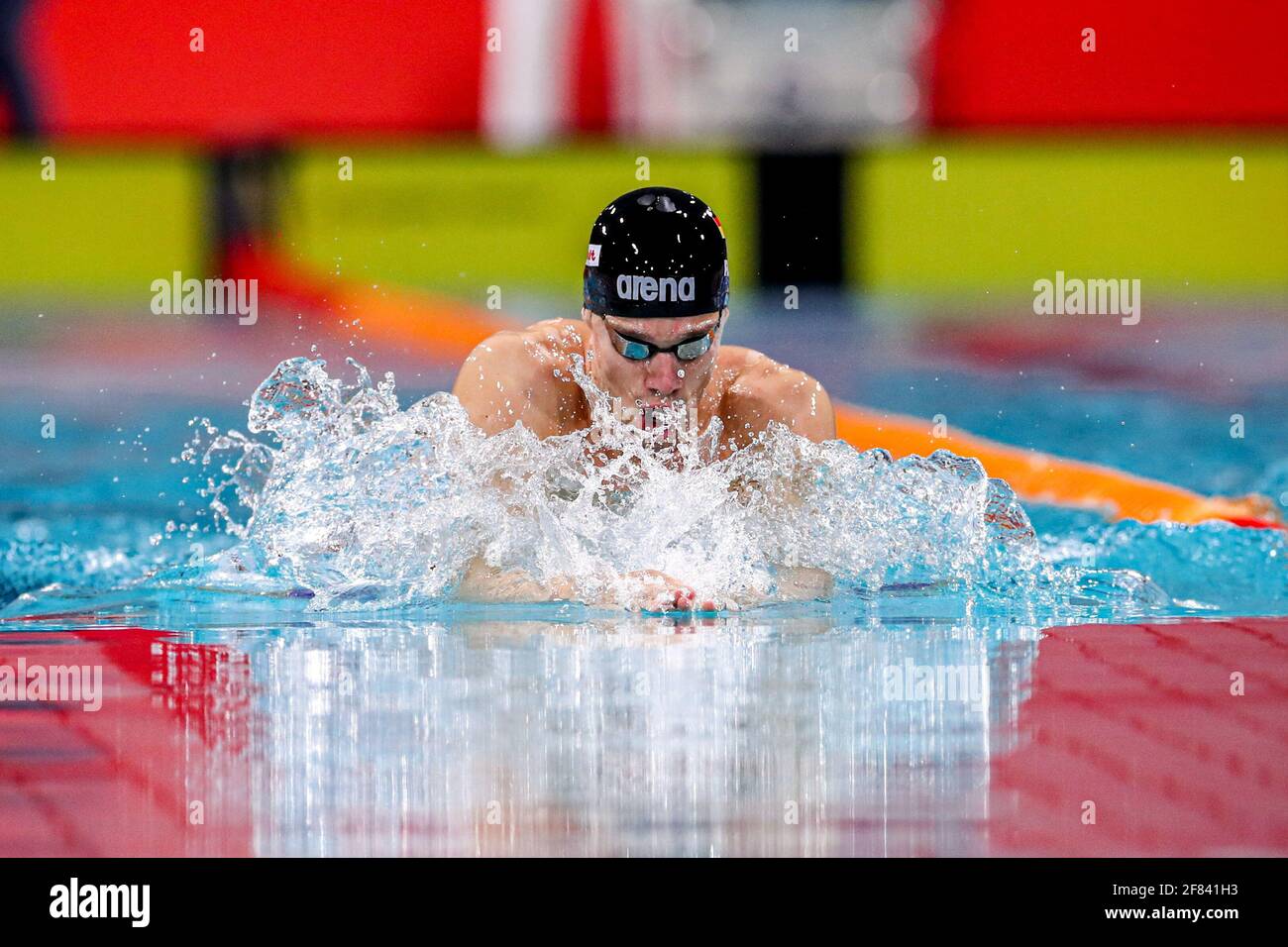EINDHOVEN, NETHERLANDS - APRIL 11: Maximilian Pilger of Germany competing in the Men 200m Breaststroke finals during the Eindhoven Qualification Meet Stock Photo
