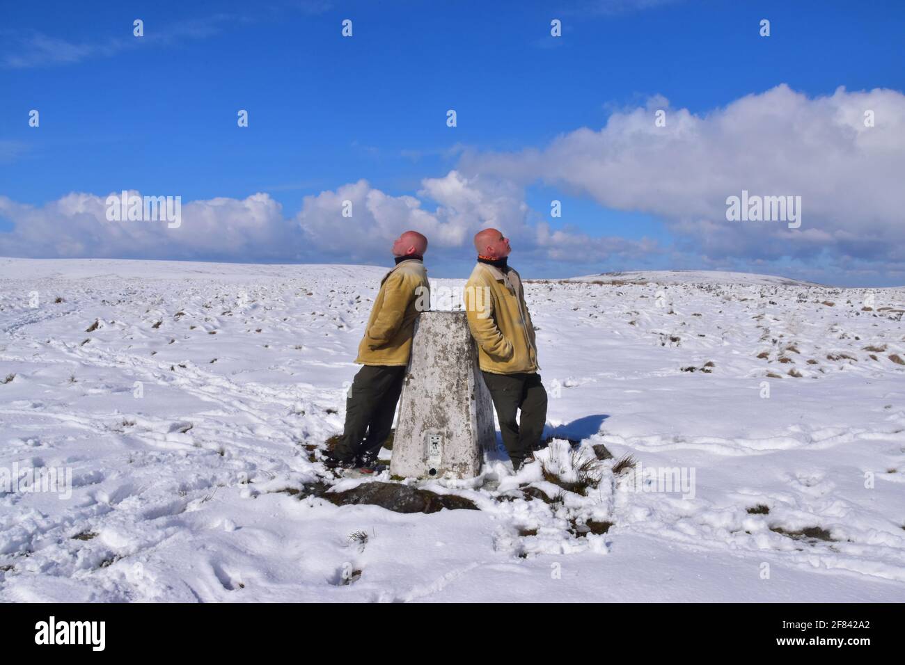 Trig Point, Standing Stone Hill, Snow, Pennines, West Yorkshire Stock Photo