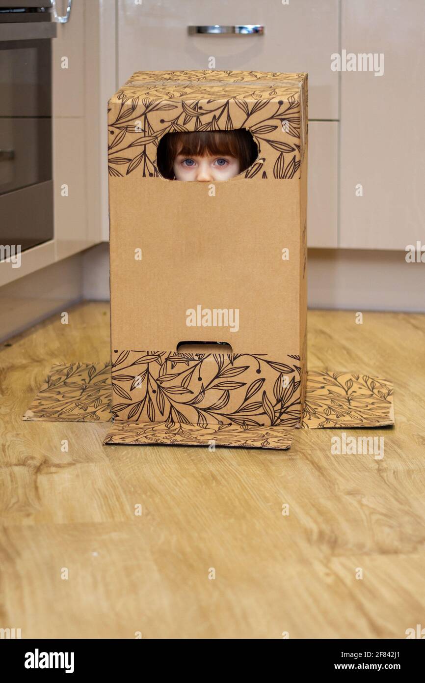 Portrait of a cute, blue-eyed baby girl playing with a cardboard box and hiding inside it Stock Photo