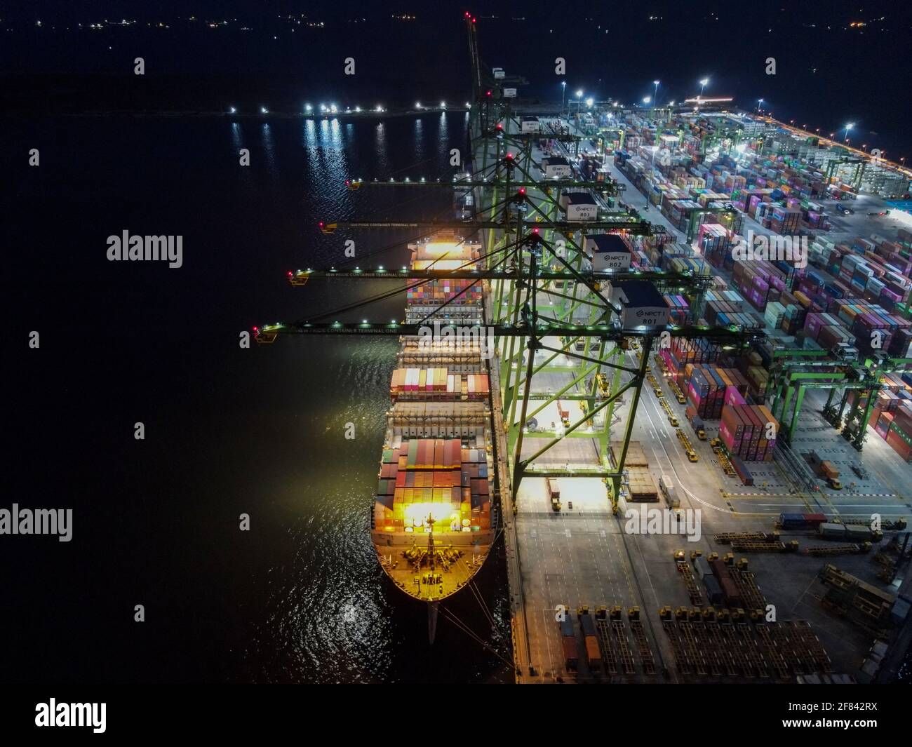 Aerial view of Container ship loading and unloading in deep sea port ...