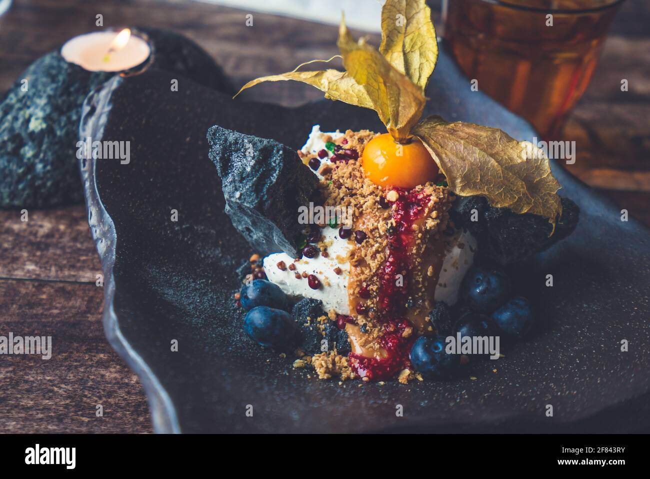 Icelandic ice cream menu with volcanic rock sugar cane and blueberries
