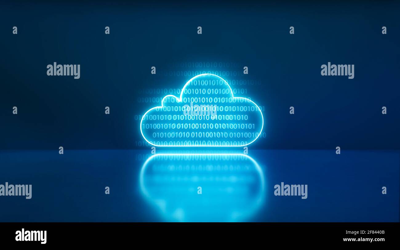 Big data neon light icon with background code and deep blue. Concept tech machine. Cloud icon computer. 3d rendering - illustration. Stock Photo