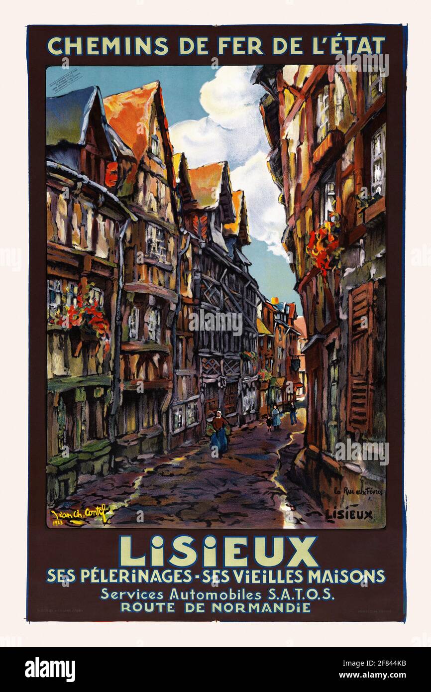 Restored vintage travel poster. Lisieux, ses pèlerinages, ses vieilles maisons by Jean-Charles Contel (1895-1928), France 1913. Poster published 1930. Stock Photo