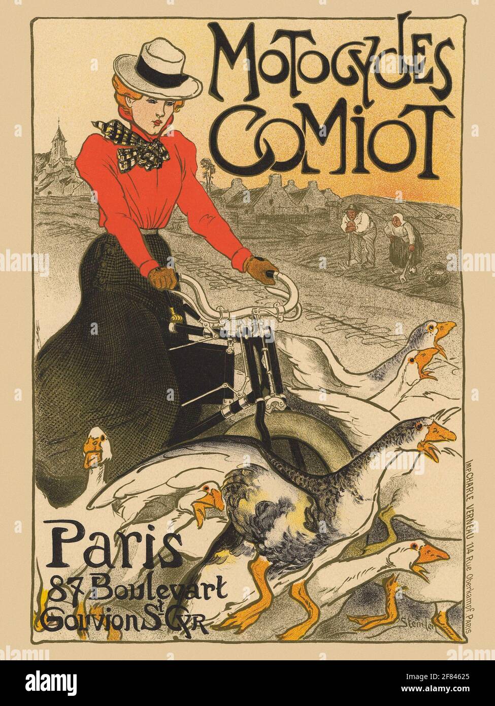 Restored vintage advertising poster. Motocycles Comiot by Théophile Alexandre Steinlen (1859-1923), France. Poster published 1899. Stock Photo