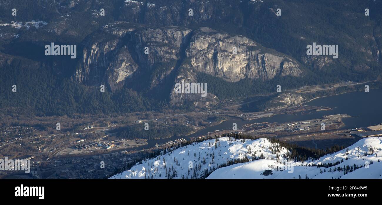 Aerial View from an Airplane of a small touristic town, Squamish Stock Photo