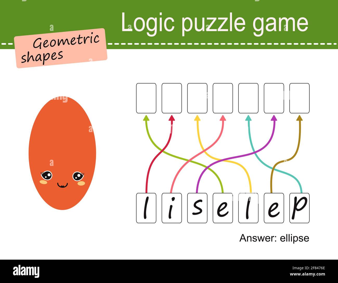 Logic puzzle game for children. Geometric shapes, ellipse. Cartoon flat ...