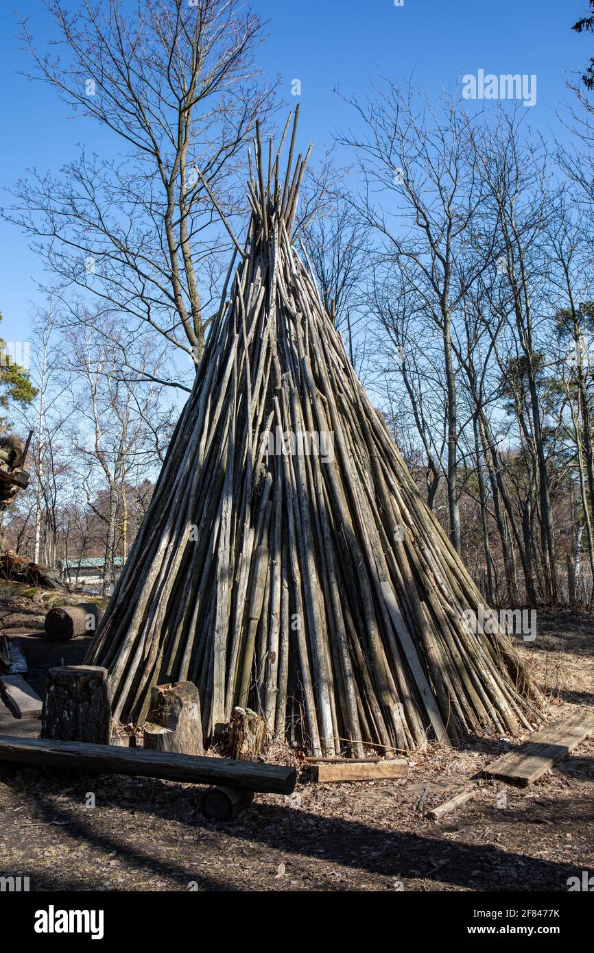 Lean-to cane teepee, recunstruction of late iron age cooking hut in Pukkisaari, Helsinki, Finland Stock Photo