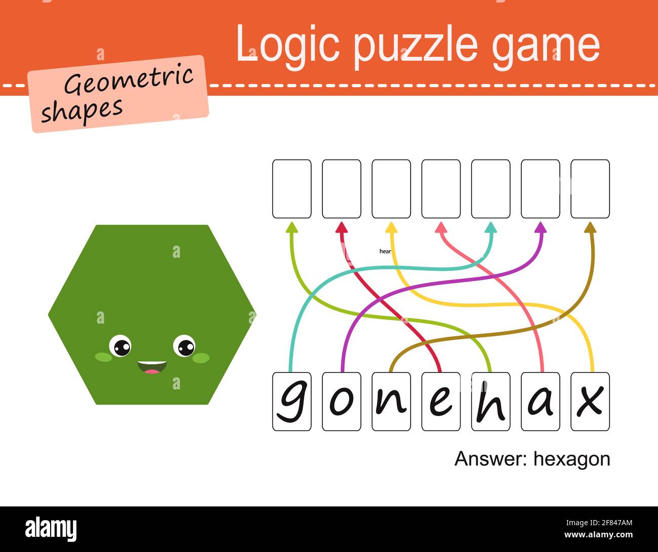 Logic puzzle game for children. Geometric shapes, hexagon. Cartoon flat ...