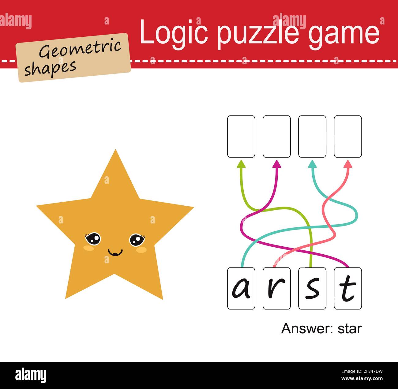 Logic puzzle game for children. Geometric shapes, star. Cartoon flat style. Vector illustration Stock Photo