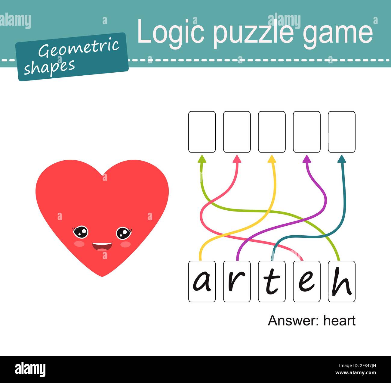 Logic puzzle game for children. Geometric shapes, heart. Cartoon flat style. Vector illustration Stock Photo