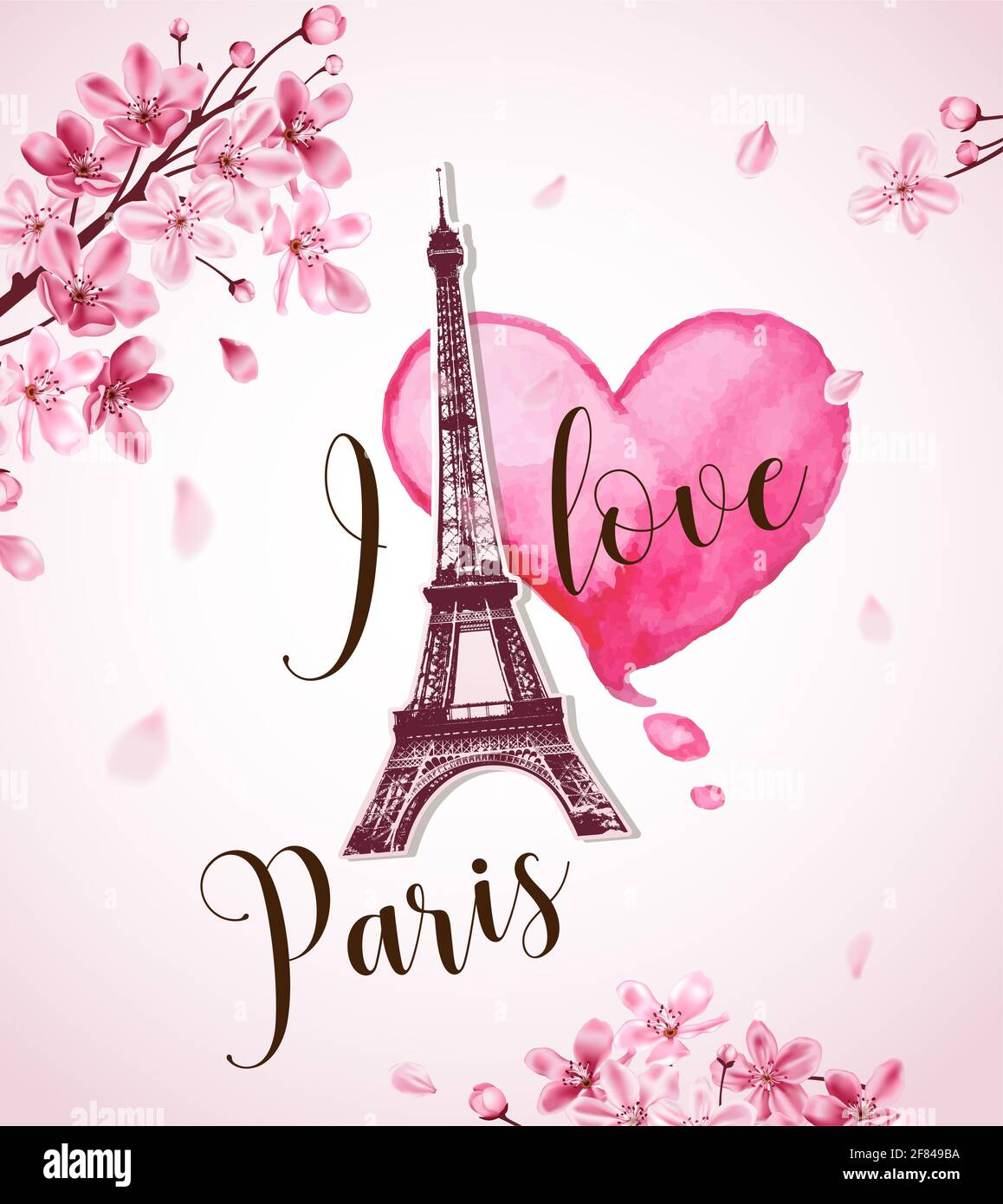 Romantic Valentine background with red watercolor heart, Eiffel Tower and flowering cherry branch Stock Photo