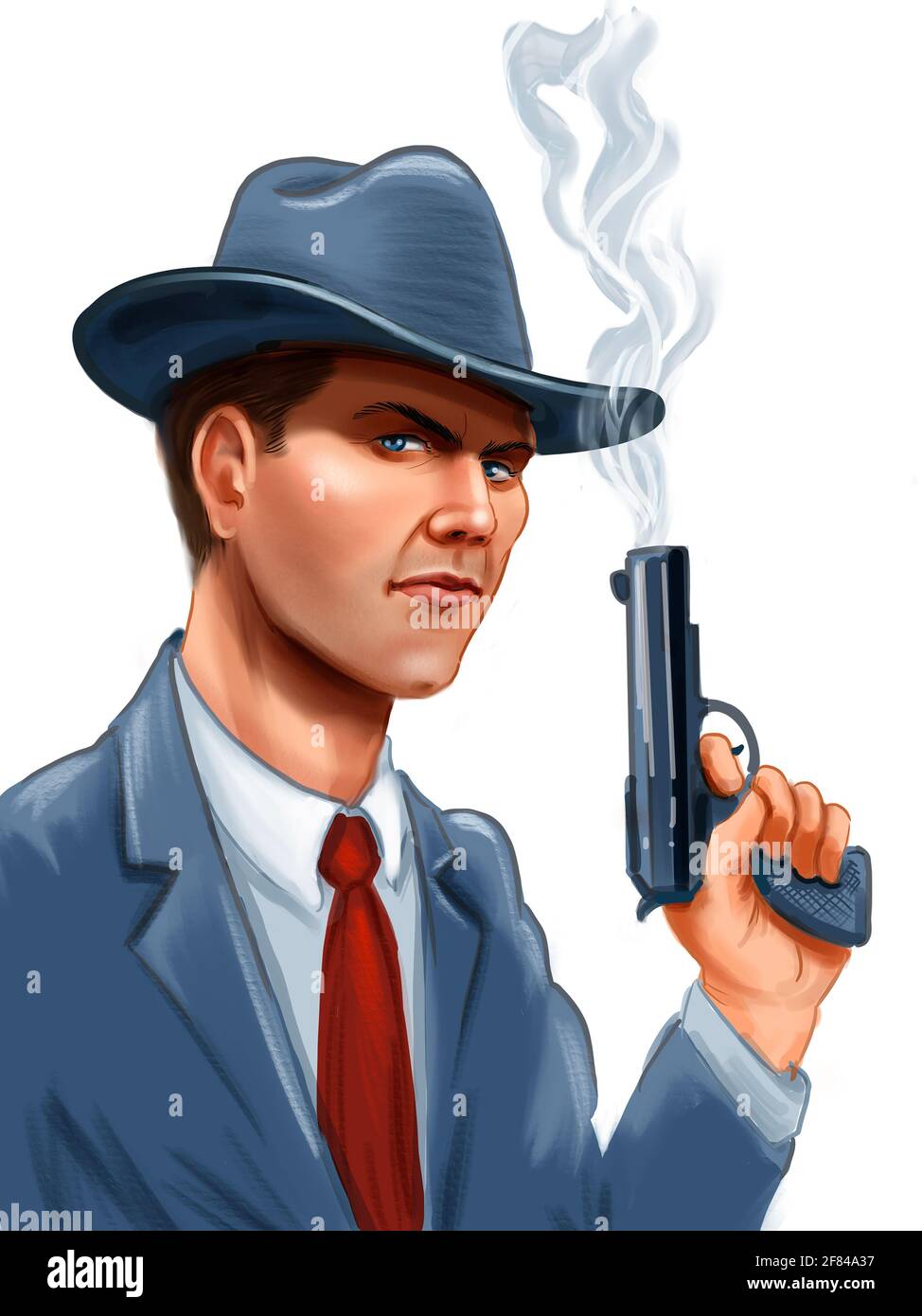 American vintage gangster with a smoking gun. Digital illustration Stock Photo