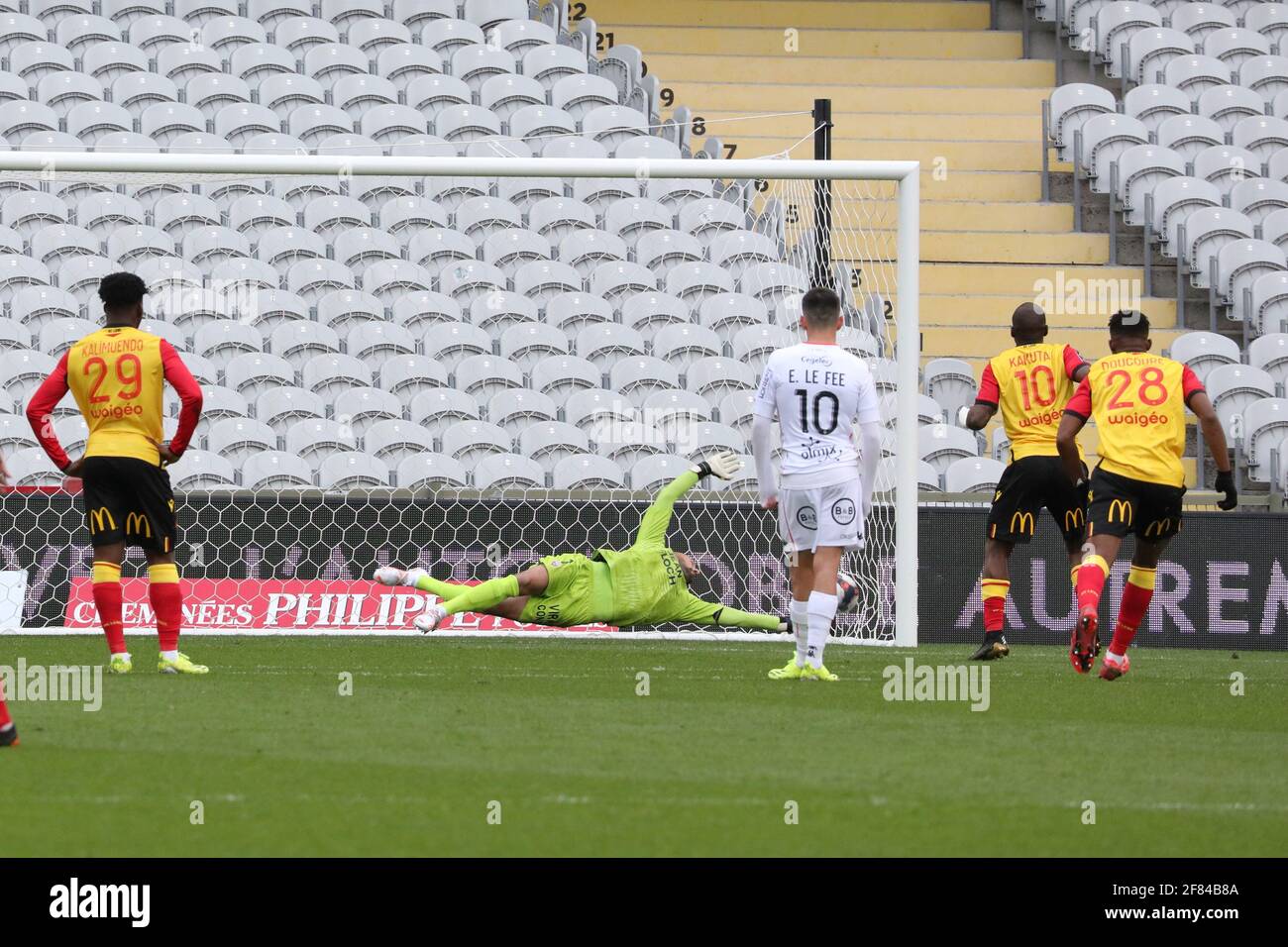 Lens, France. 11th Apr, 2021. Goal penalty RC Lens during the French  championship Ligue 1 football match between RC Lens and FC Lorient on April  11, 2021 at Bollaert-Delelis stadium in Lens,