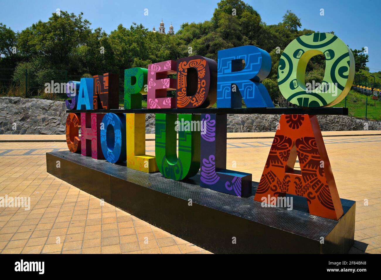 Scenic city sign colorful letters on Calle 6 Sur in Cholula, Puebla Mexico. Stock Photo