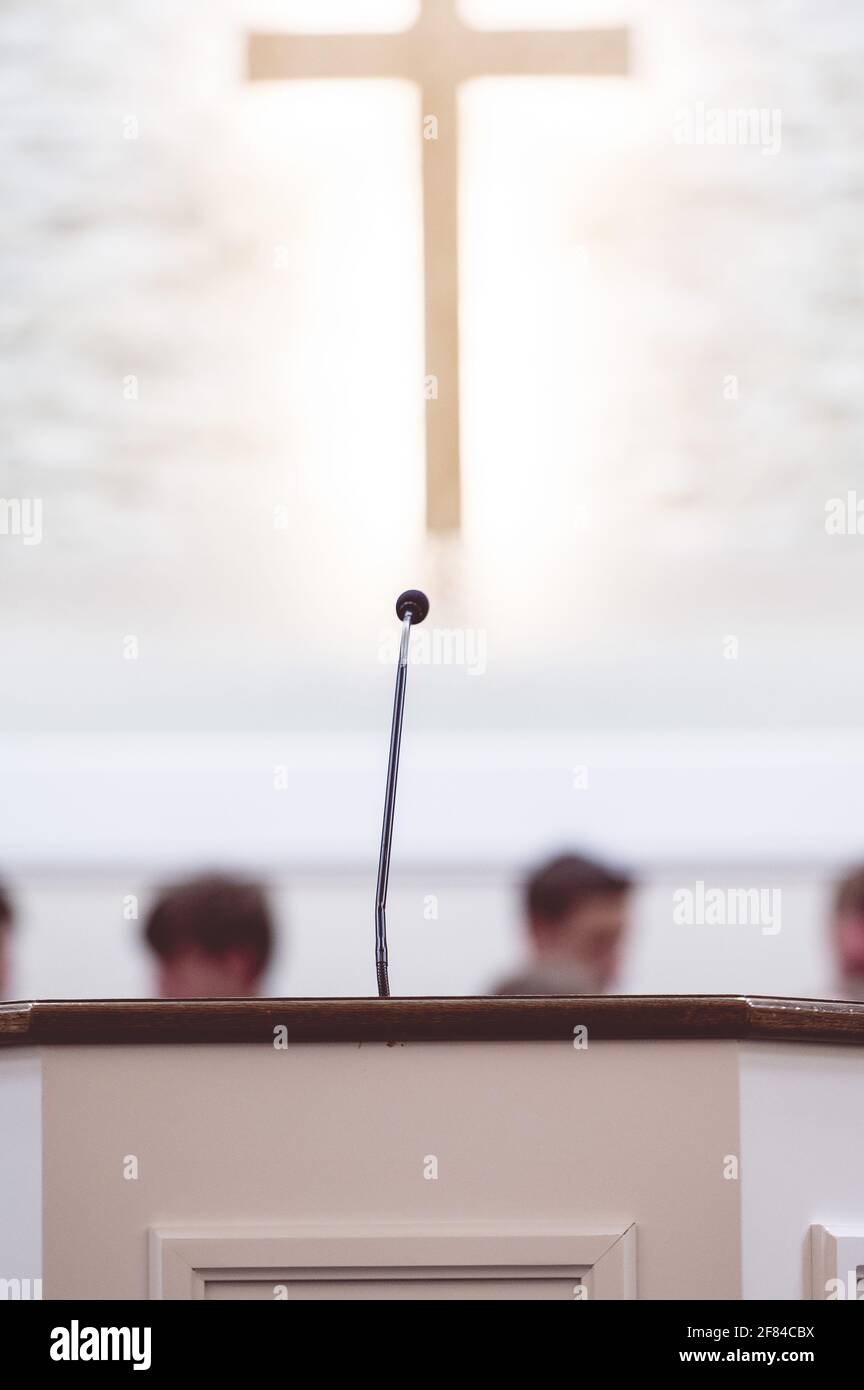 A microphone on a rostrum in a church Stock Photo Alamy
