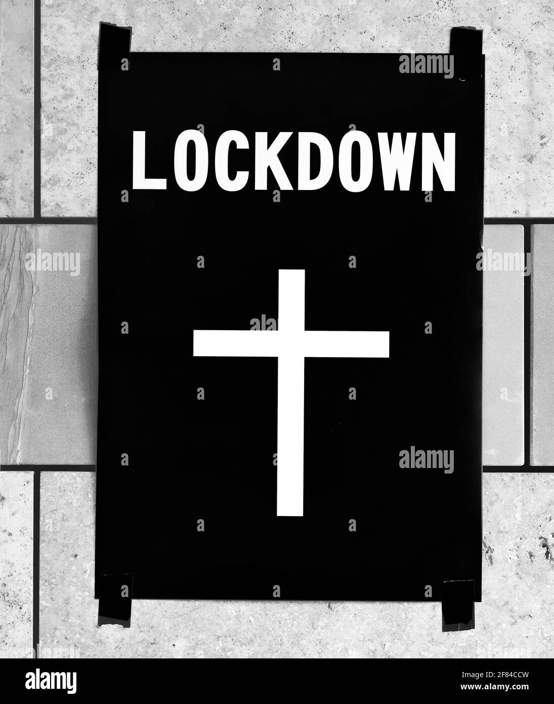 Poster death cross on wall, lockdown, shutdown, corona crisis, Stuttgart, Baden-Wuerttemberg, Germany Stock Photo
