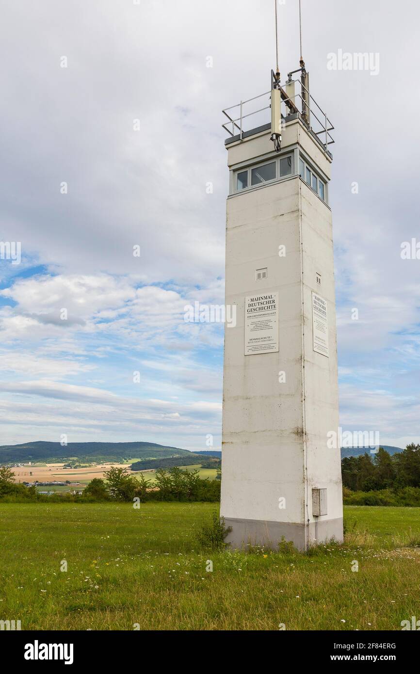 Former GDR observation tower at the inner-German border, today Museum Pint Alpha, in the background Geisa, Thuringia, Germany Stock Photo