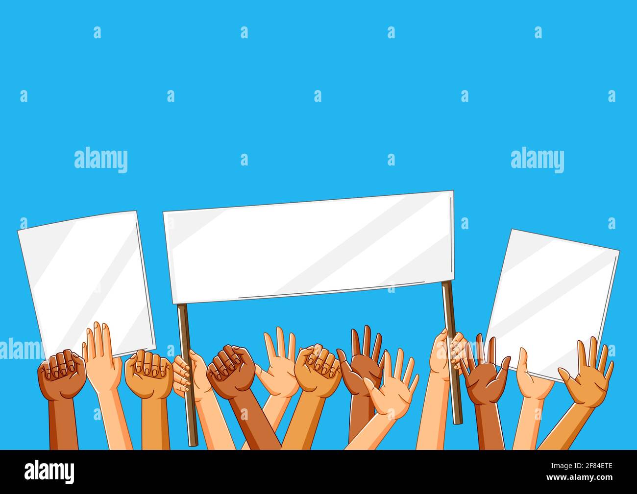 Illustration of hands with banners. Picket signs or protest placards on demonstration or protest. Stock Vector